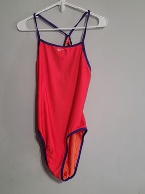 Nike Swimsuit Tank One Piece Womens 12 38 Fire Red Purple Logo Swim Race